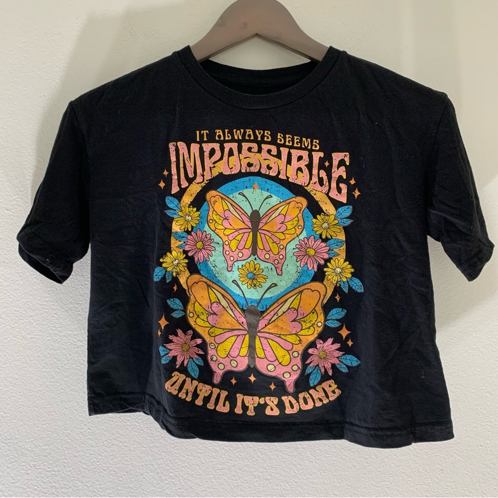 INSPIRED CULTURE black and Pink Short Sleeve Tee with Vibrant Butterfly Design